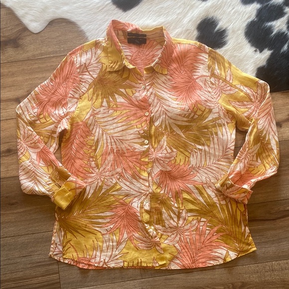 Tahari linen oversized button-up shirt tropical print - Picture 1 of 10